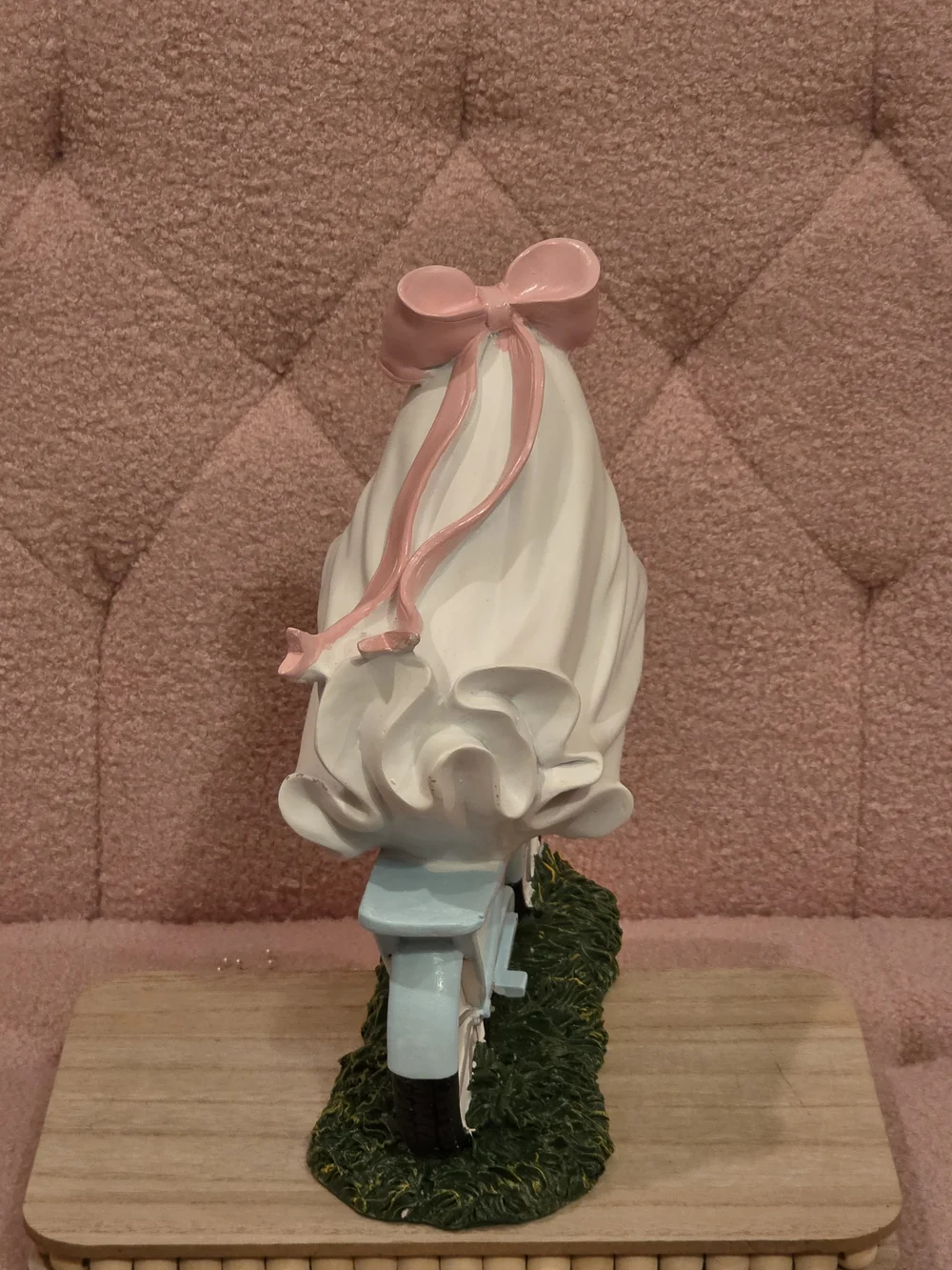 Pink Bow Ghost on Blue Bicycle Figurine with Flower Basket